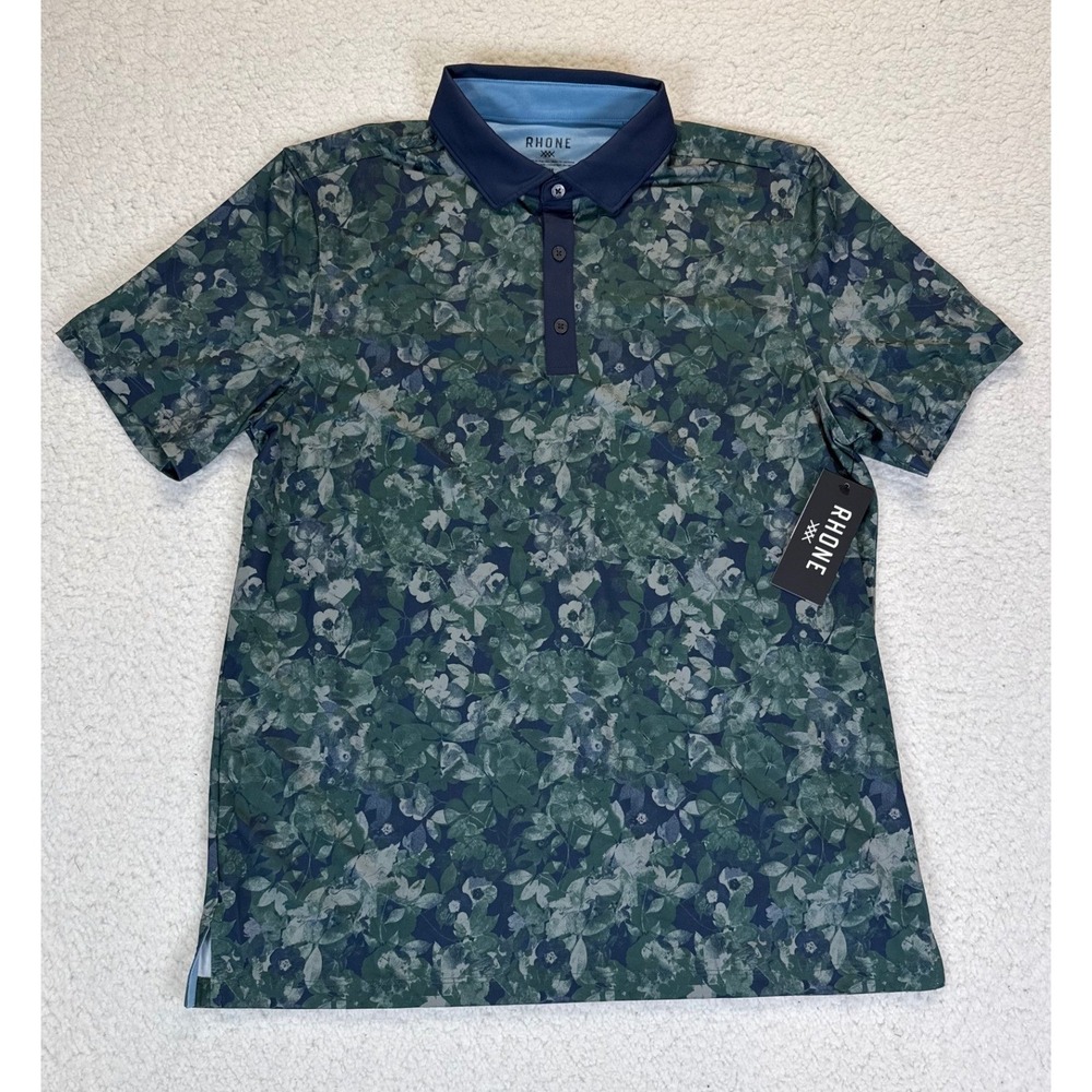 Rhone Mens Golf Polo Shirt Green Floral Performance Short Sleeve Size M, NWT